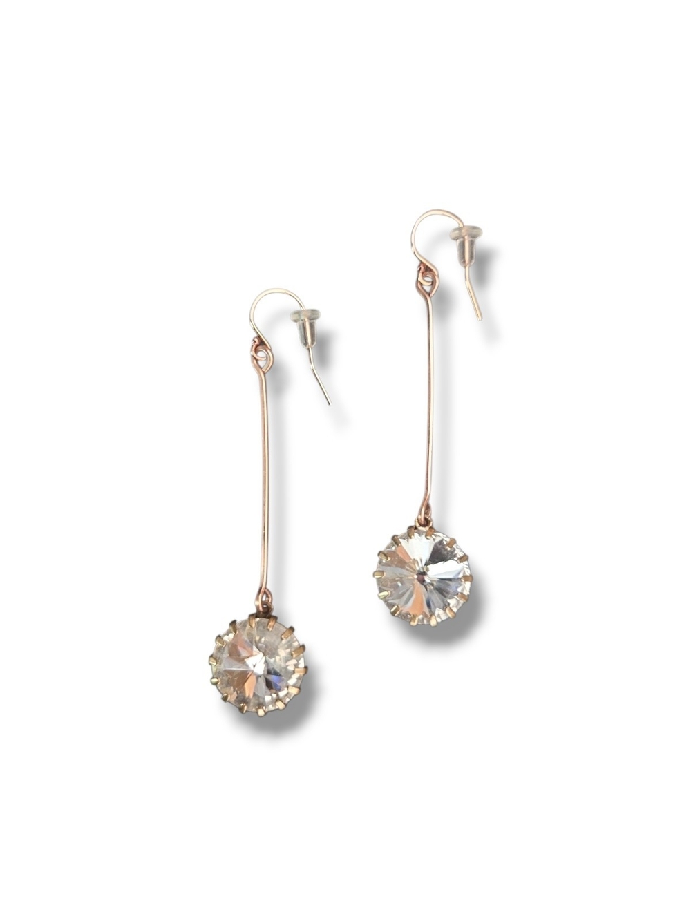 RACHEL B Rose Gold Long Drop Earrings with Clear Crystal Pendants
